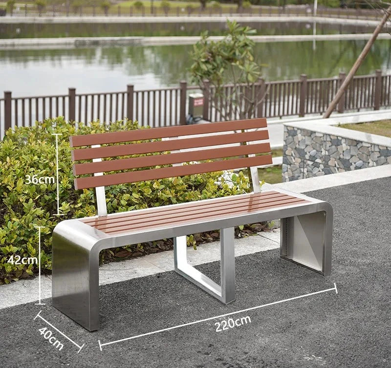 Dossier de jardin en fer forgé, banc de loisirs solide Anti-Corrosion, banc d'extérieur moderne en acier inoxydable, plastique et bois, Patio Park