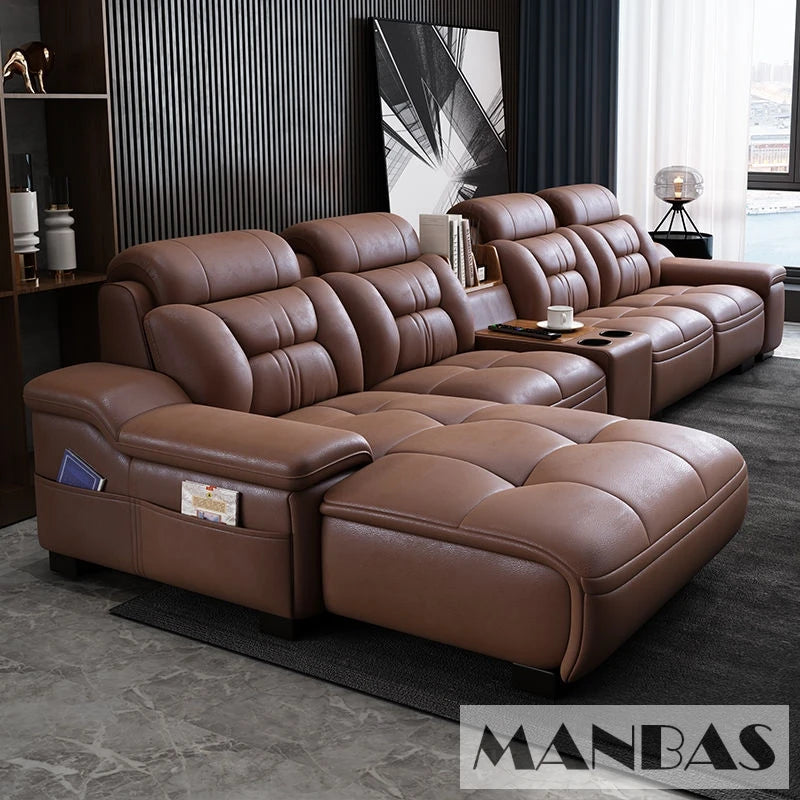 MANBAS Italian Genuine Leather Sectional Sofa with USB Charging, Bluetooth Speaker and Projector - Perfect for Your Living Room