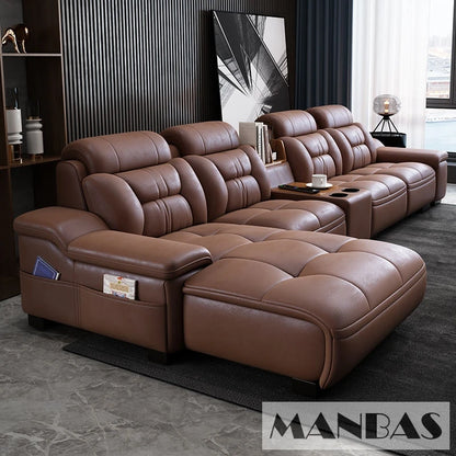 MANBAS Italian Genuine Leather Sectional Sofa with USB Charging, Bluetooth Speaker and Projector - Perfect for Your Living Room