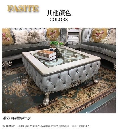 French solid wood square table European luxury square large coffee table tempered glass