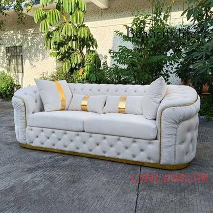 A Luxury Chesterfield Sectional Sofa Set With Cloth Buttons And Fabric Modular Couch With Gold Stainless Steel Base, 3-seater So