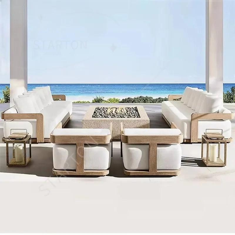 Modern Outdoor Furniture Set Waterproof Fire Pit with Teak Wooden Bench & Rattan Aluminum Cast Sofa Garden Living Room Hotels