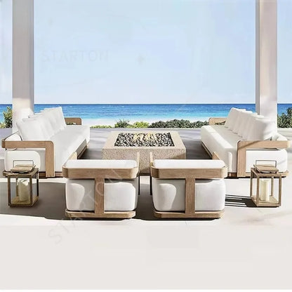 Modern Outdoor Furniture Set Waterproof Fire Pit with Teak Wooden Bench & Rattan Aluminum Cast Sofa Garden Living Room Hotels