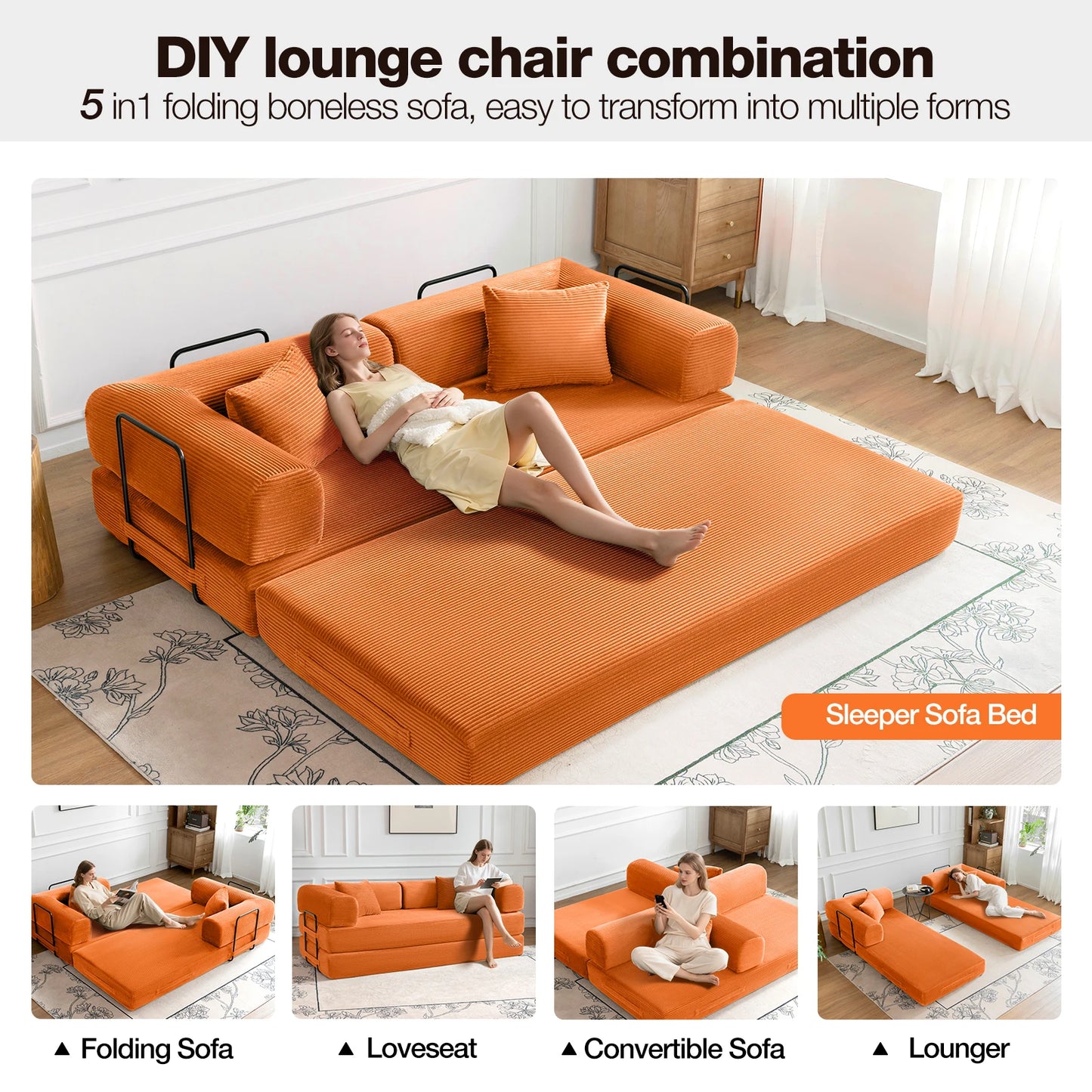 79" Convertible Sofa Bed with Fixed-Shape Frame, Modular Corduroy Sleeper Sofa, Folding Mattress Couch for Small Spaces