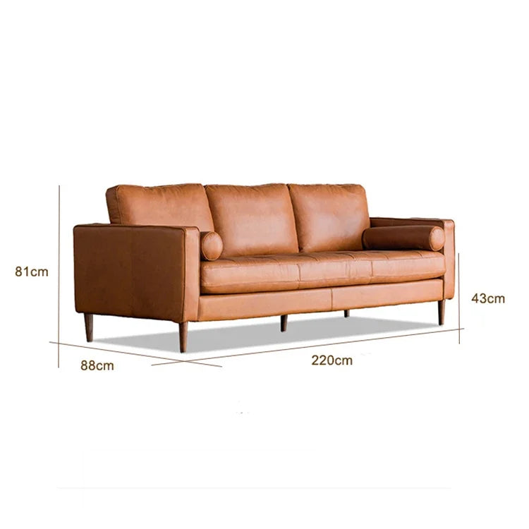 for Mid Century Modern Genuine Leather 3 Seat Sofa Home Furniture Vintage Wood Leg Sofa Living Room Sofas Set