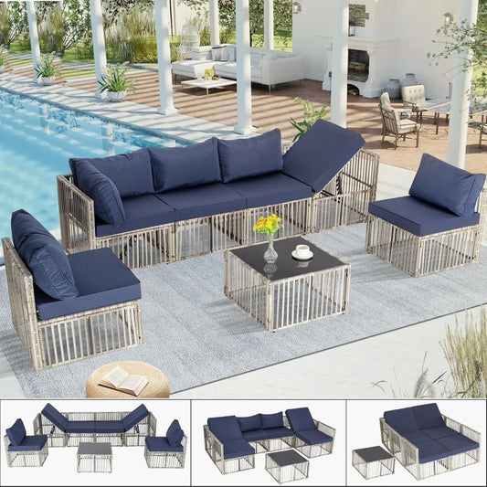 7 Pieces Outdoor Patio Furniture Set, Wicker Outdoor Sectional Conversation Couch Set with Adjustable Backrest Sofa