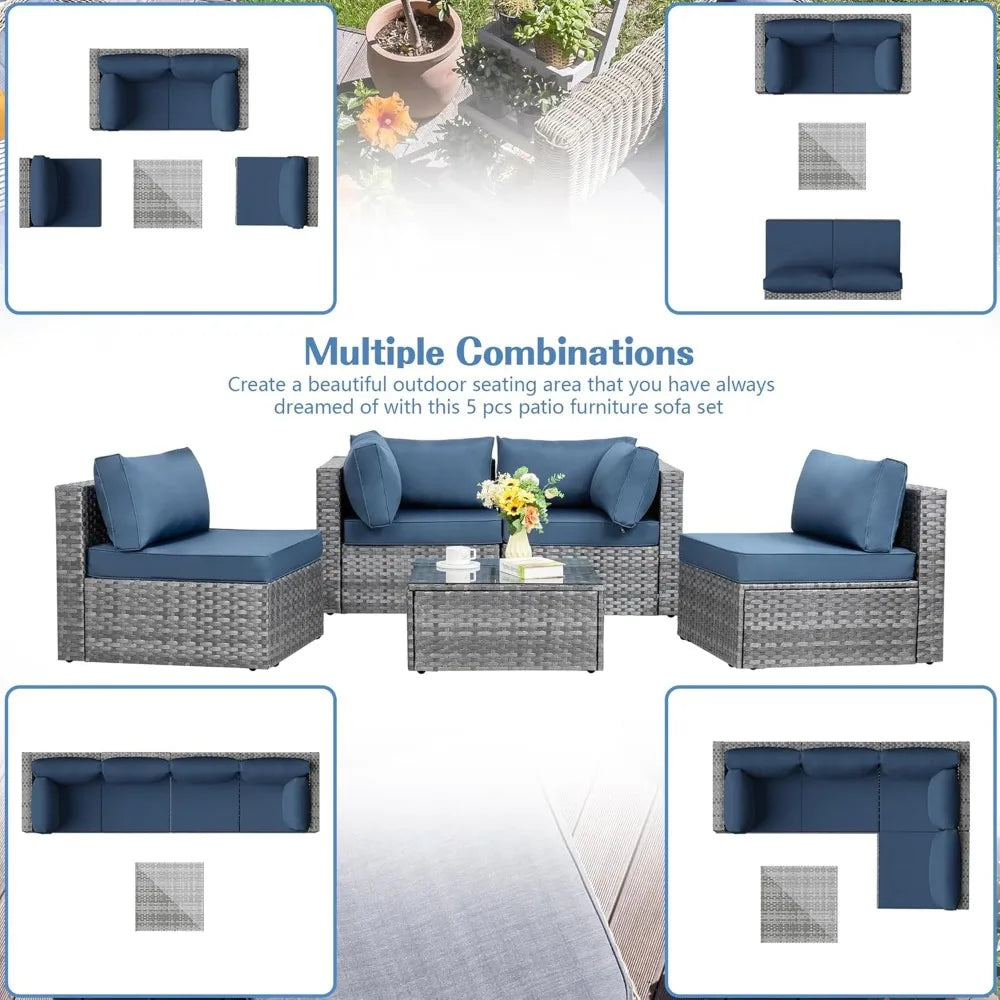 5 Pieces Outdoor Patio Sectional Sofa Couch, Silver Gray PE Wicker Furniture Conversation Sets with Washable Cushions & Glass C