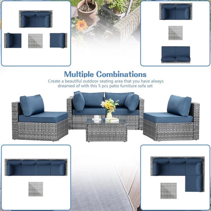 5 Pieces Outdoor Patio Sectional Sofa Couch, Silver Gray PE Wicker Furniture Conversation Sets with Washable Cushions & Glass C