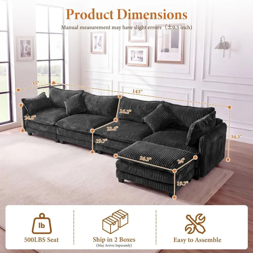 143 L Shaped Modular Sectional Couch, Comfy Corduroy Upholstered Cloud Couches for Living Room, Modern 3 Seater Sofa with Movab
