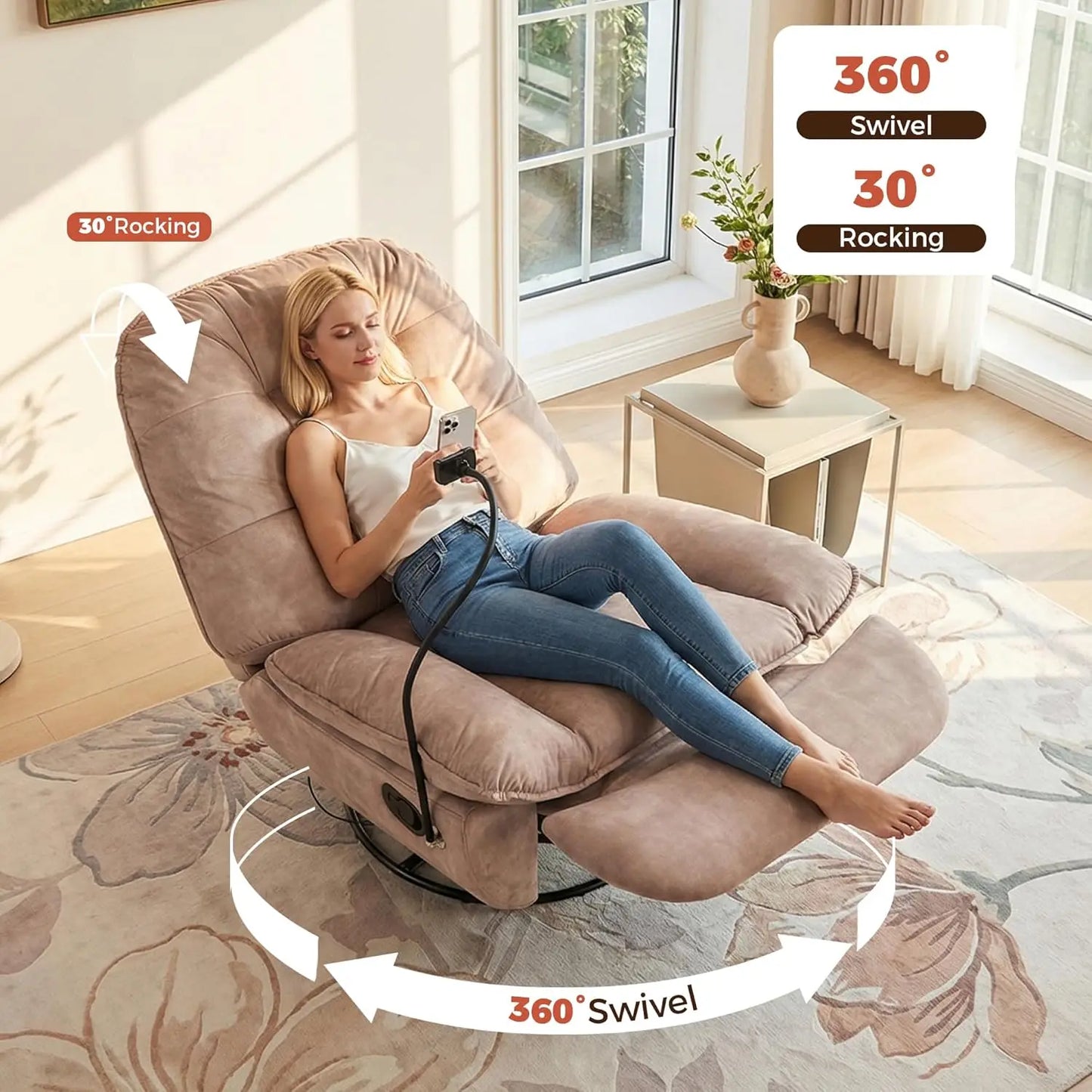 Swivel Rocker Recliner Chair for Adult, Glider Nursery Rocking Chair, Armless Manual Single Recliner Sofa for, Customized