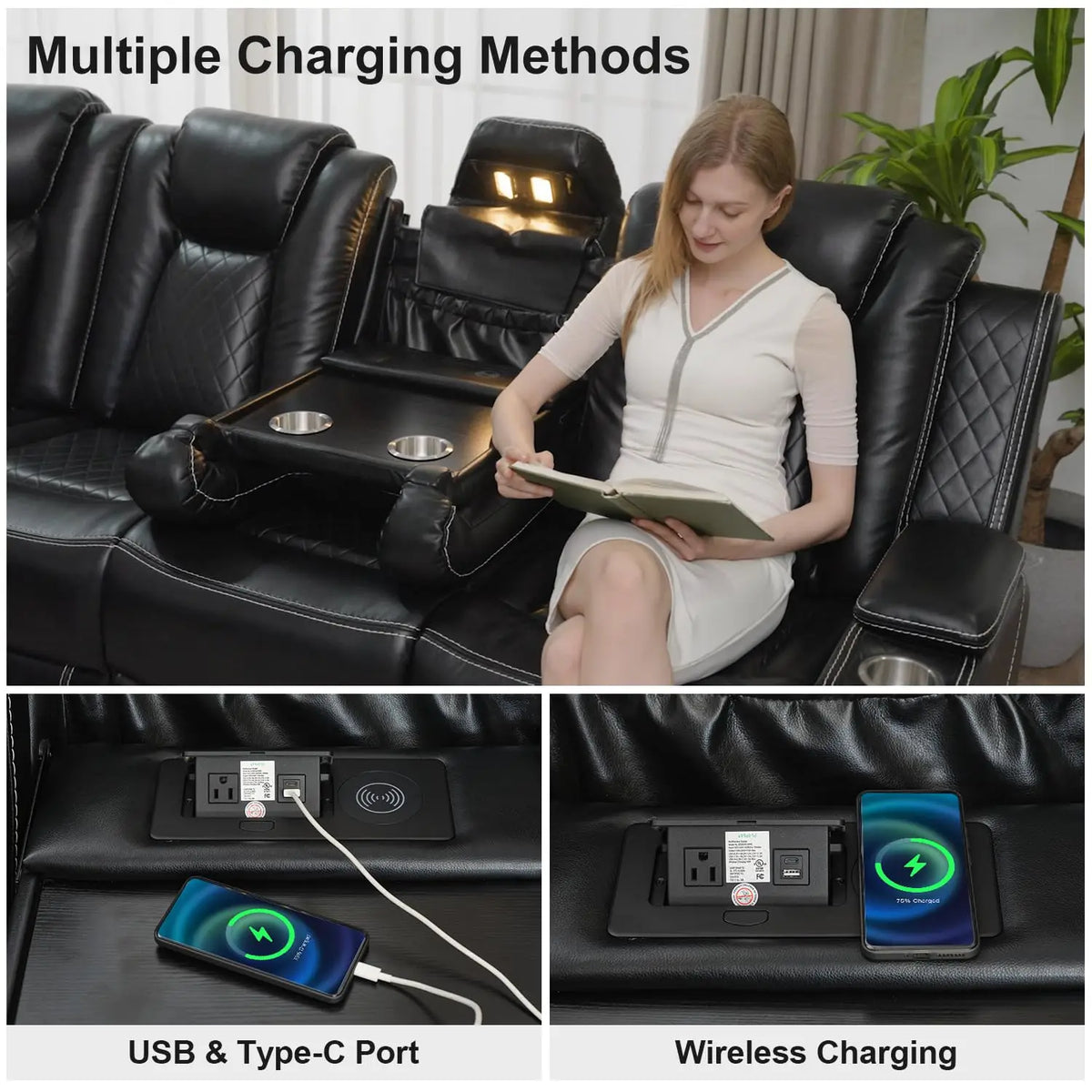 6-Seater Power Recliner Sectional Sofa with Drop-off Table, Faux Leather Electric Sofa Featuring Bass Speaker, LED Light, USB, T