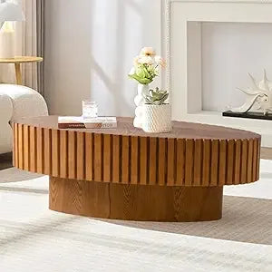 Oval Coffee Table, Brown Drum Fluted, Mid Century Modern, Irregular Pedestal Center, For Living Room Farmhouse