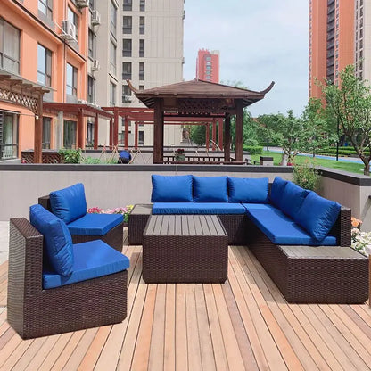 Rattan Garden Furniture Set, Outdoor Corner Sofa Couch, Handwoven Rattan Patio Conversation Set, Cushions and Glass Table