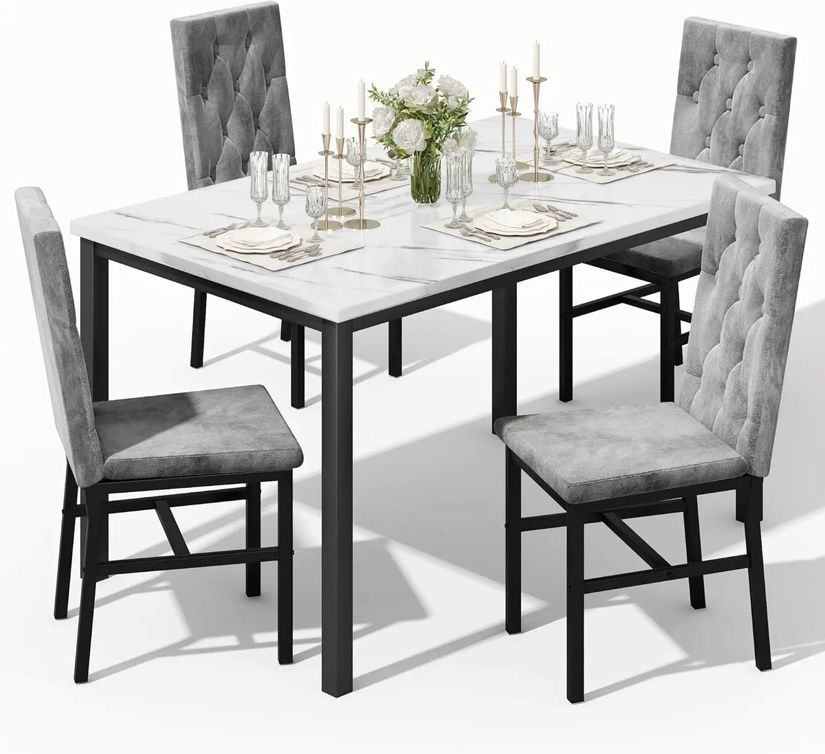 Dining Table Set for 4, Faux Marble Small Kitchen Table Chairs Set of 4 with Luxurious Button Tufted Dinner Chairs