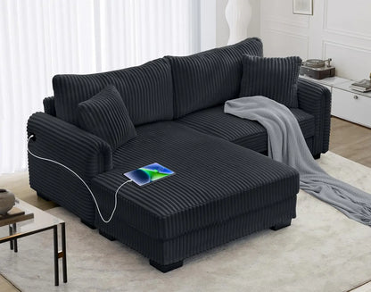 L-Shaped Sectional Sofa, Oversized Loveseat Corduroy Couch with Reversible Chaise, USB Charging Port, Side Pocket, Deep Seat Cor