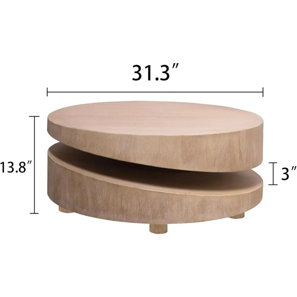 Modern Round Wood Coffee Table – 31.3" Asymmetrical Two-Tier Accent Table, Natural Finish, Low Profile Center Table for Living R