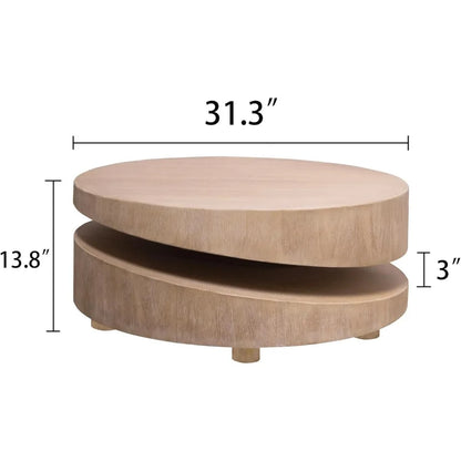 Modern Round Wood Coffee Table – 31.3" Asymmetrical Two-Tier Accent Table, Natural Finish, Low Profile Center Table for Living R