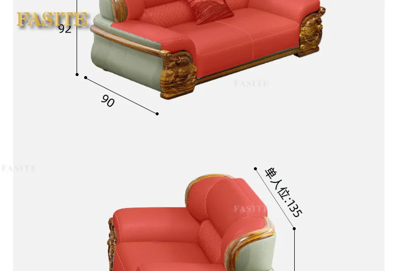 European ebony leather sofa large apartment luxury villa home living room new Chinese furniture solid wood carved fish