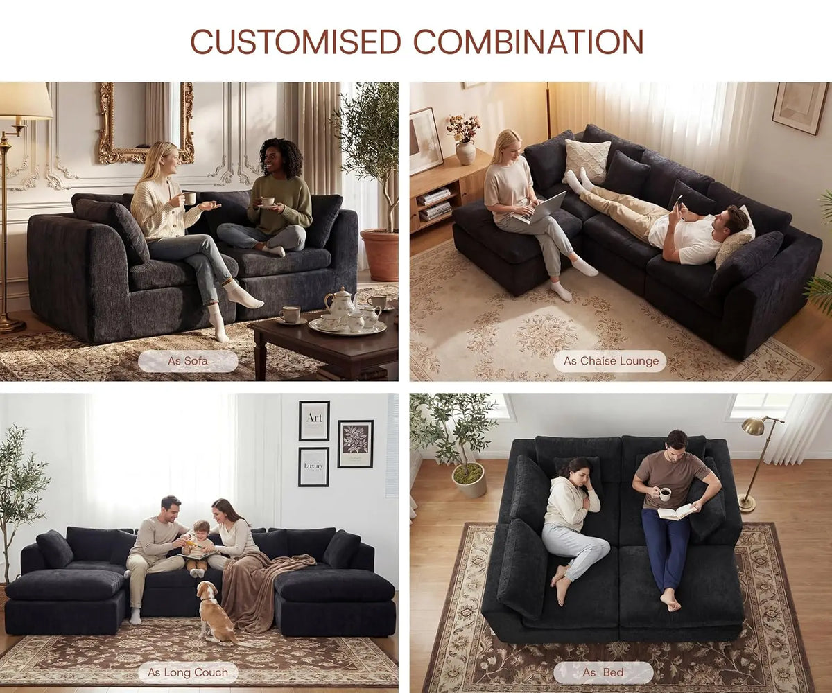 110''Oversized Modular Sectional Sofa Chenille Deep Seat Memory Foam L Shape Ottoman 2 Pillows Washable Cover Living Room Custom