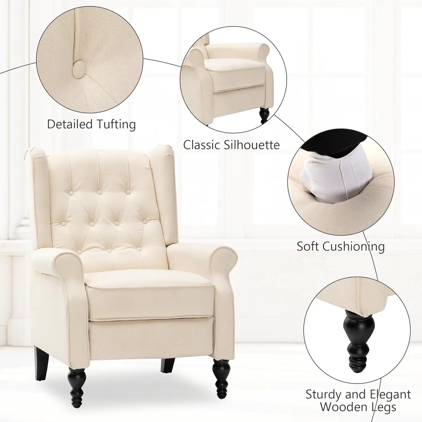 Mid Century Wingback Recliner Chair for Adults, Modern Linen Fabric Push Back Recliner Chairs with Button Tufted, Customized
