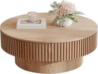 Modern Fluted Drum Coffee Table with Storage, Solid Wood Veneer, Circular Center Table for Living Room