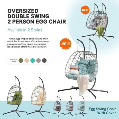 2 Person Double Egg Swing Chair with Stand Indoor Outdoor, Patio Wicker Rattan Hanging Egg Chair w/Cushion, Pillow, Fo