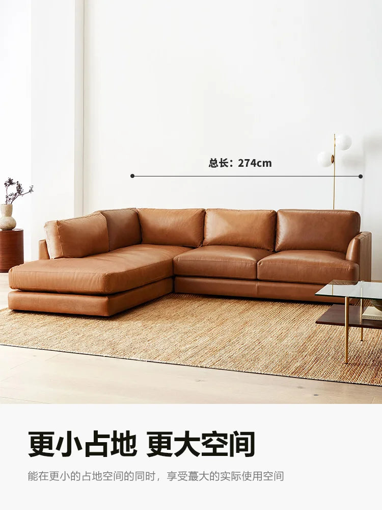 leather sofa, antique milk brown first layer cowhide L-shaped concubine seat in the living room, American retro leather sofa