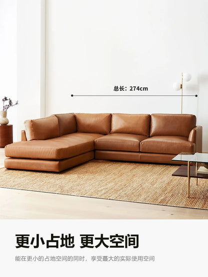 leather sofa, antique milk brown first layer cowhide L-shaped concubine seat in the living room, American retro leather sofa