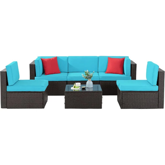 6 Pieces Outdoor AllWeather Sectional Patio Sofa Set with PE Rattan Manual Weaving Wicker Design Includes Glass Table and Ottom