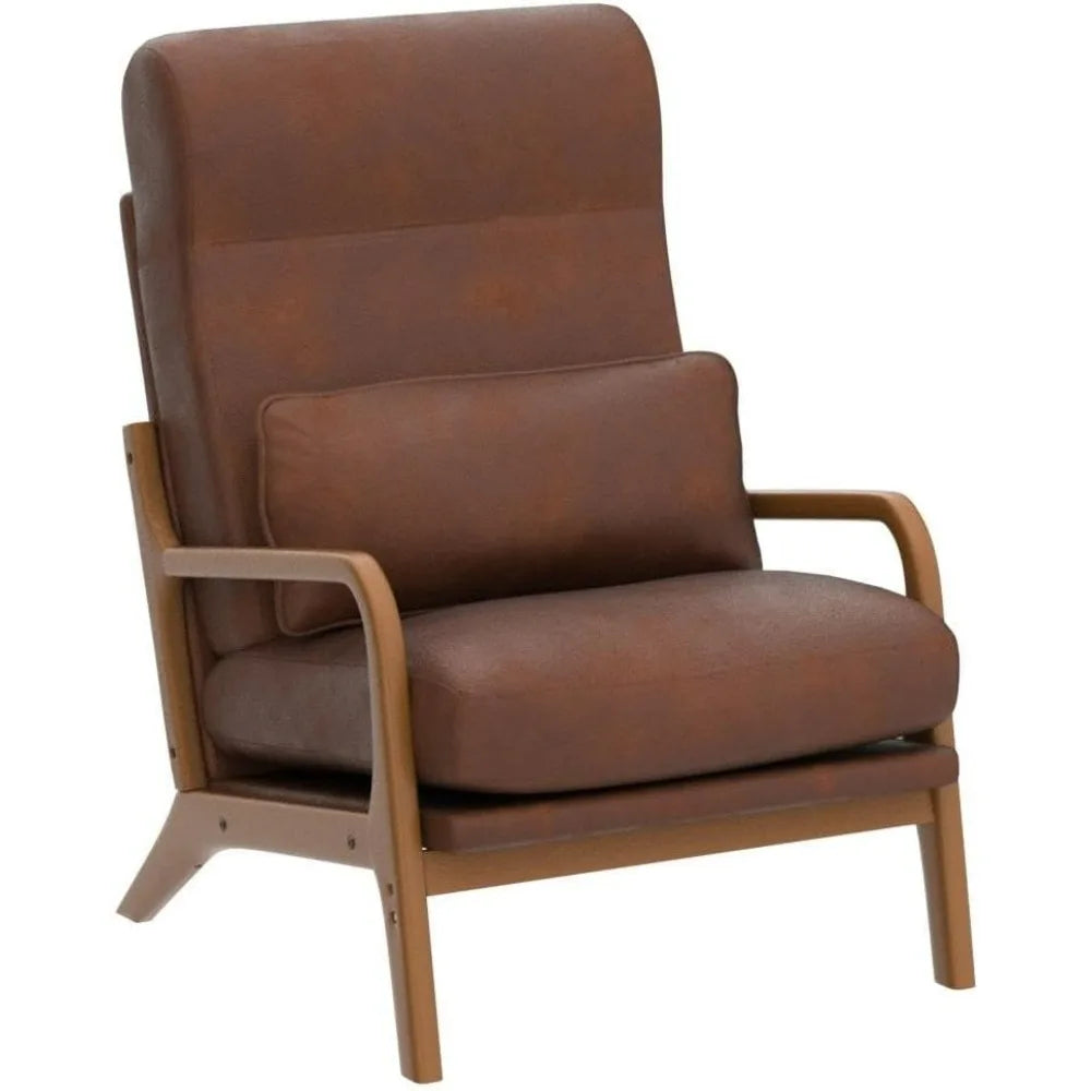 Mid-Century Modern Chair with Pillow High Back Bronzing Cloth Upholstered Lounge Arm Chair with Solid Wood Frame & Soft Cushion