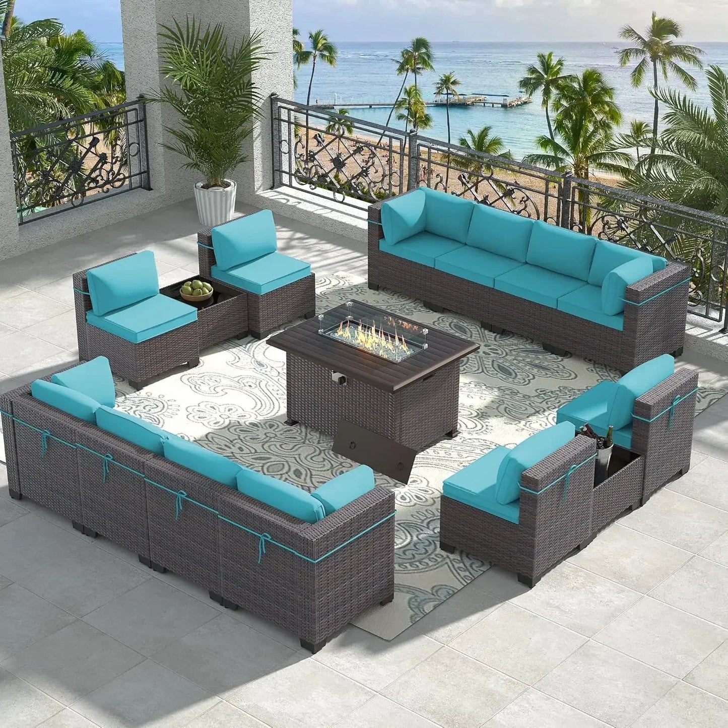 Outdoor Patio Furniture with Propane Fire Pit Table Sectional Sofa Conversation Sets w/ETL Approved