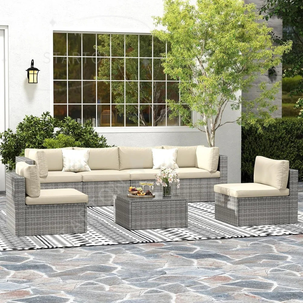 Seven Piece Patio Set, Outdoor Furniture With Glass Tea Table, PE Rattan Wicker Conversation Group, Includes Washable Cushions