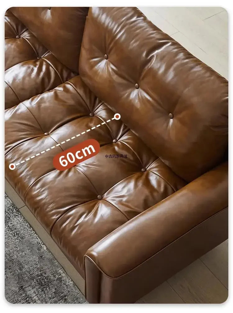 Medieval oil wax leather creative sofa living room retro old caramel color large straight row sofa