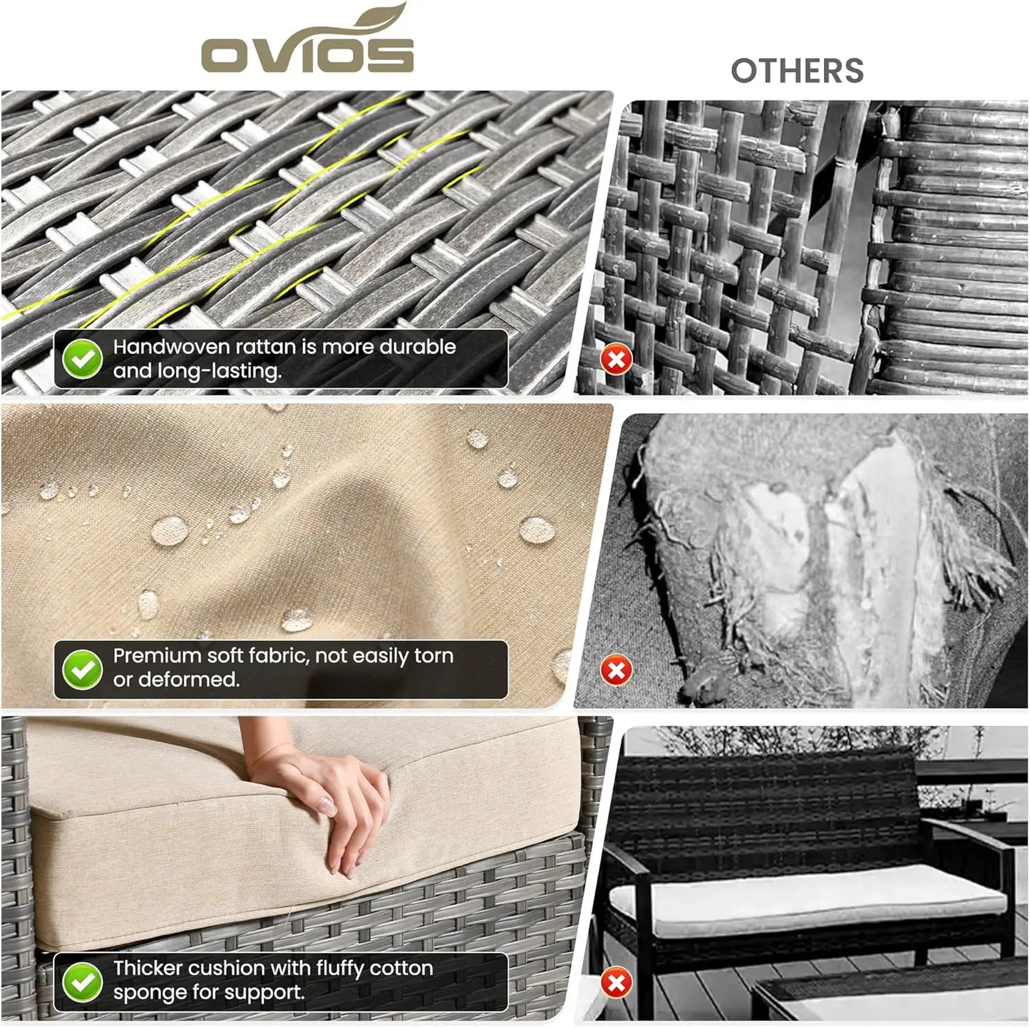 Patio Furniture Set, 5 Pieces Outdoor Wicker Sofa Couch with Chairs, Ottomans and Comfy Cushions, All Weather High