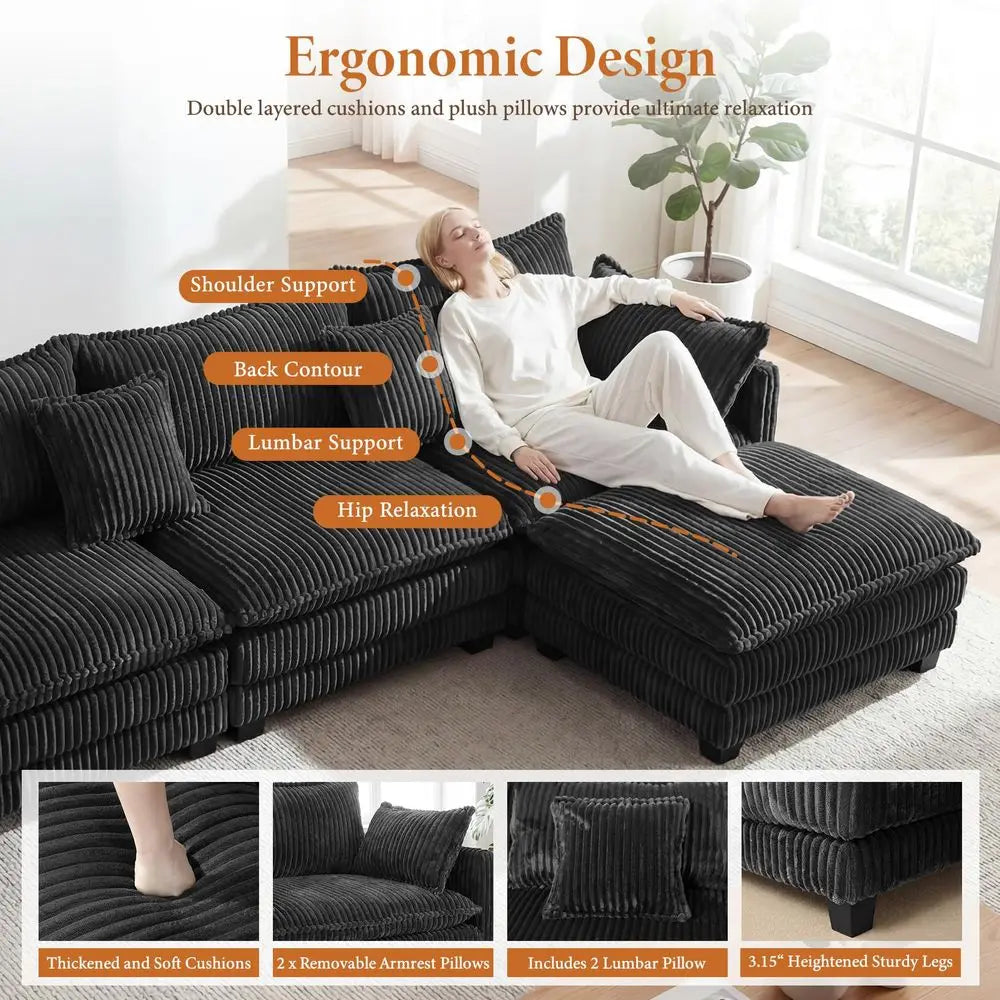143 L Shaped Modular Sectional Couch, Comfy Corduroy Upholstered Cloud Couches for Living Room, Modern 3 Seater Sofa with Movab