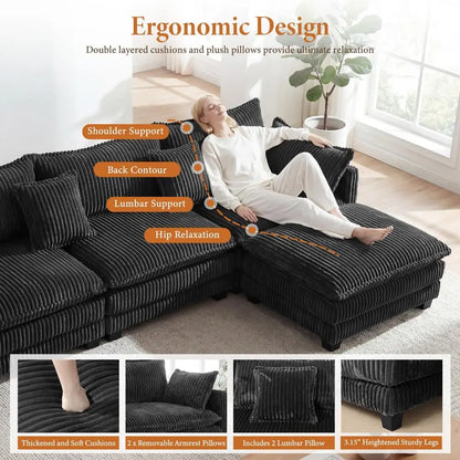 143 L Shaped Modular Sectional Couch, Comfy Corduroy Upholstered Cloud Couches for Living Room, Modern 3 Seater Sofa with Movab