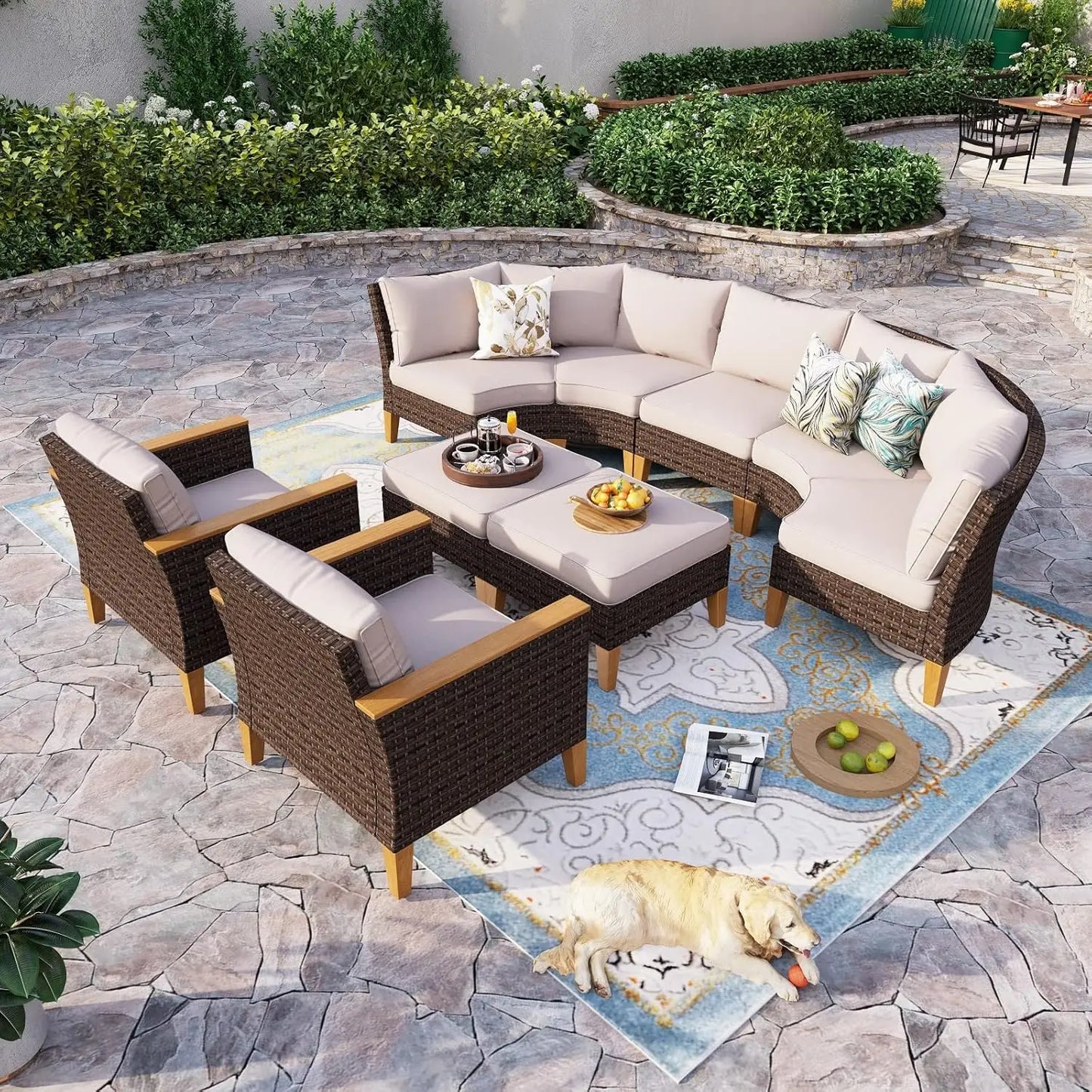 Outdoor Wicker Sectional Sofa Set, Half Moon Curved Patio Furniture Set with Ottman, High Back Rattan Patio Con