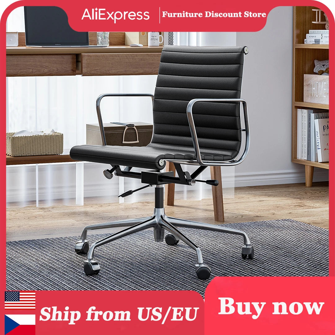 High Mid Back Ribbed Office Chair Genuine Leather Swivel Chair Adjustable Ergonomic Computer Chair with Aluminium Alloy Frame