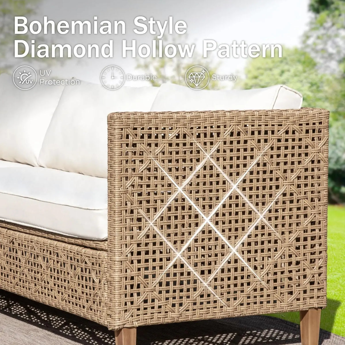 Wicker Patio Furniture Set, Sectional Outdoor Sofa with Cushions and Acacia Wood Coffee Table, L-Shaped Small Patio Co