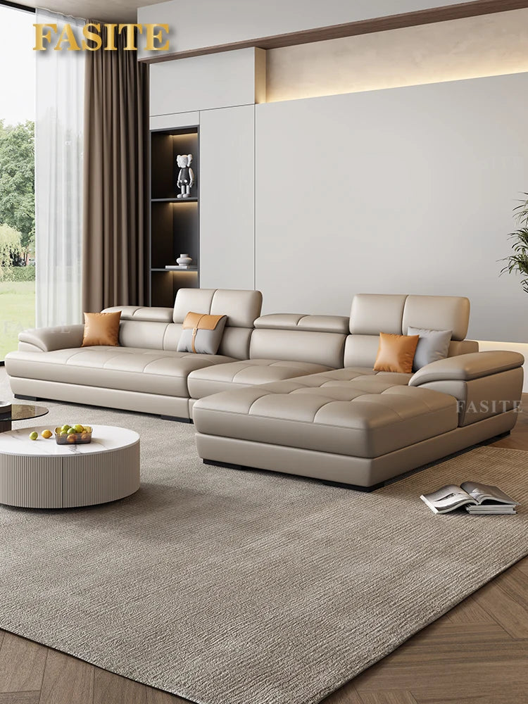 Nordic leather sofa with cowhide top layer, simple modern size, living room, Italian minimalist cream style leather sofa