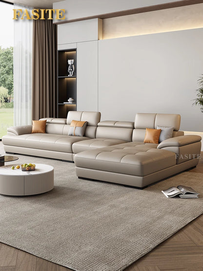 Nordic leather sofa with cowhide top layer, simple modern size, living room, Italian minimalist cream style leather sofa