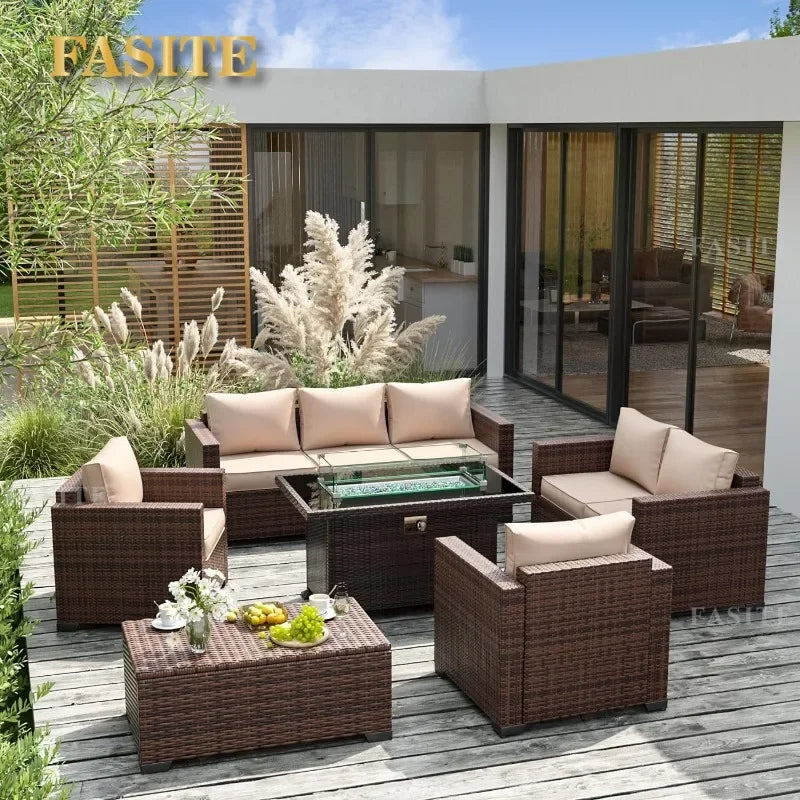 Furniture Set with Fire Pit Table, 8 Pieces Outdoor Oversized Sectional Sofa