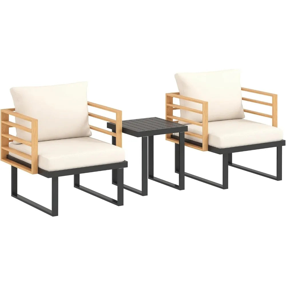 3 Pieces Outdoor Bistro Set, Small Patio Set with Cushions, Armchairs and Slatted Metal Top Table, Metal Patio Furniture Set.