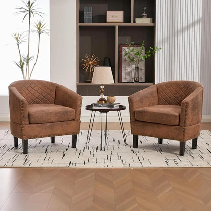 Accent PU Barrel Chair Set of 2 Living Room Chair, Upholstered Sofa Club Chair Set with Nail-Heads and Solid Wood Legs