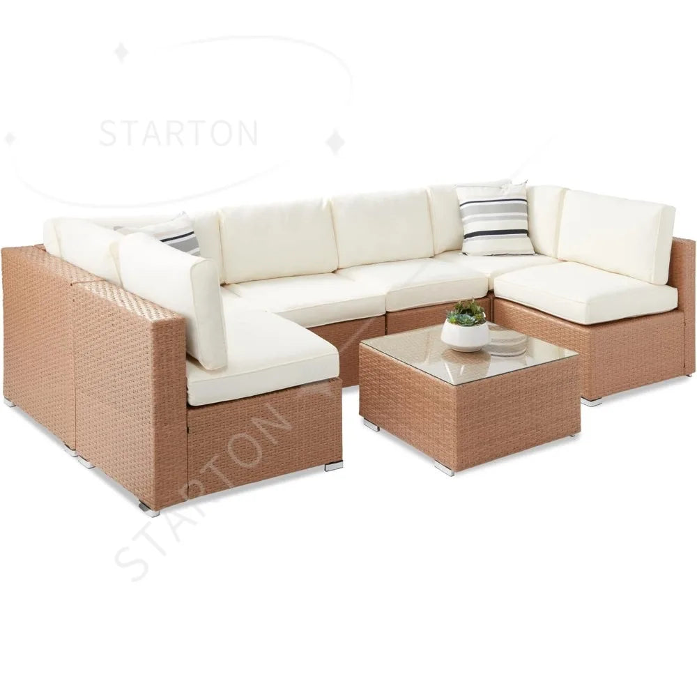 Seven Piece Modular Set, Outdoor Sectional Wicker Patio, Conversation With Two Pillows, Coffee Table Cover Included