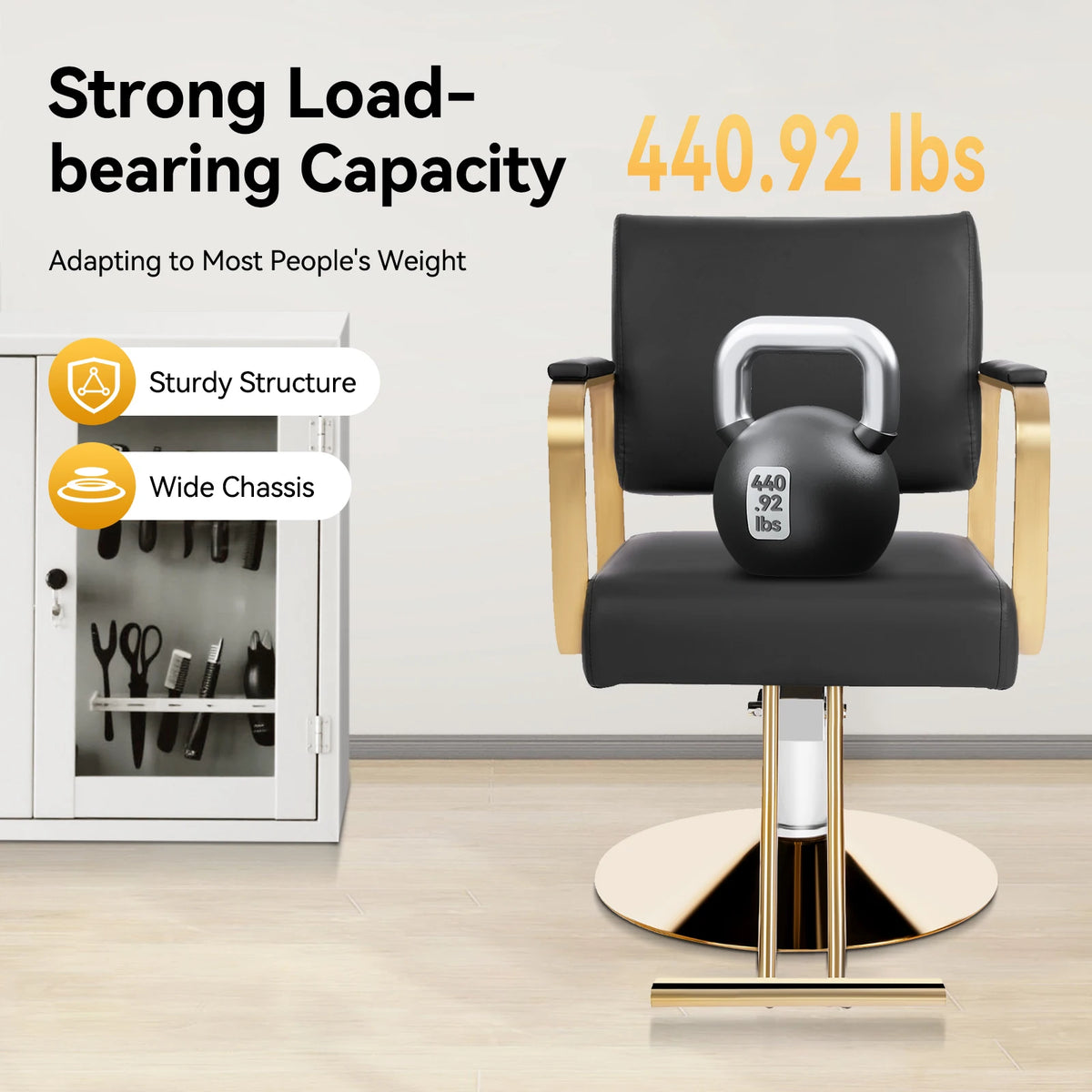 360-Degree Rotating Chair In The Hair Salon 440.92lbs Load 31.9-35.4in Height Black Golden Suitable For Salons Barber Shops Spas