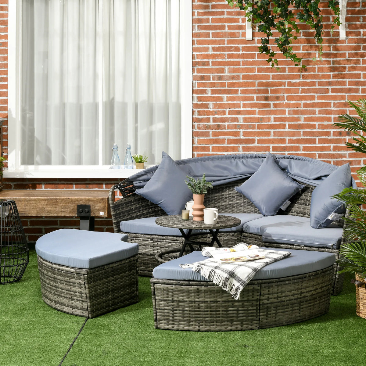 4 Piece Round Rattan Daybed, Convertible Patio Furniture Set, Adjustable Sun Canopy, Sectional Outdoor Sofa, 2 Chairs
