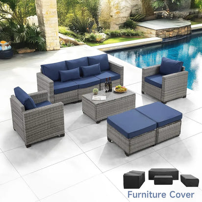 PatioLix furniture sets 6 pieces outdoor with furniture cover, with tea table (royal blue,