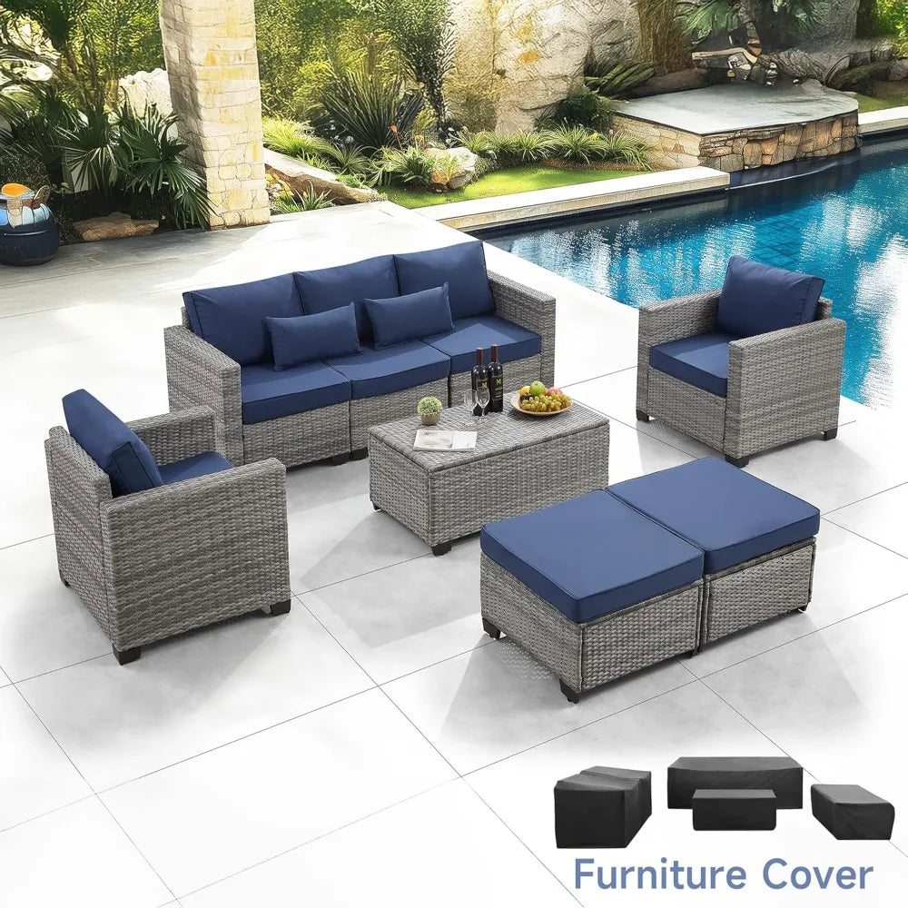 PatioLix furniture sets 6 pieces outdoor with furniture cover, with tea table (royal blue,