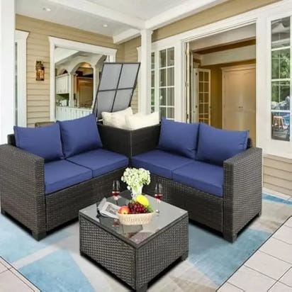 Outdoor Wicker Patio Furniture Set: Rattan Sectional Loveseat, Sofa with Storage Box, and Glass Top Table